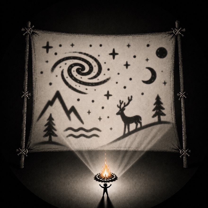 A figure at a campfire whose light projects the natural world — galaxy, moon, mountains, a deer, and trees — onto a screen. Titled 'Reality is a projection.'